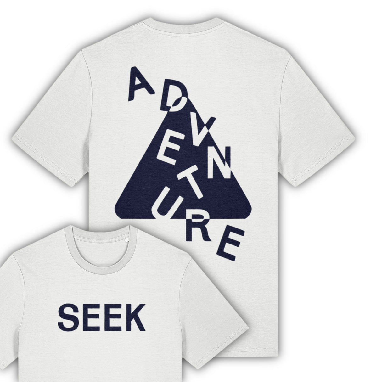100% organic Seek Adventure t shirt in vintage white with navy blue front and rear logo