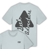 Ice blue organic t shirt with grey front and rear logo