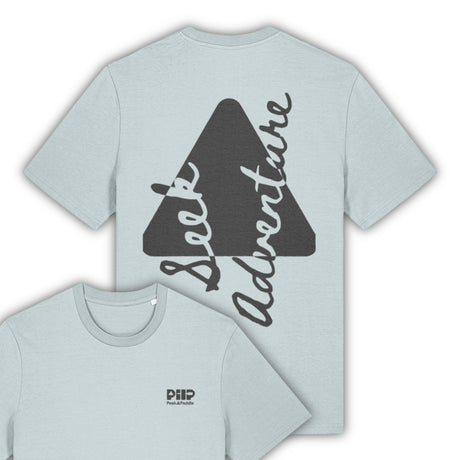 Ice blue organic t shirt with grey front and rear logo
